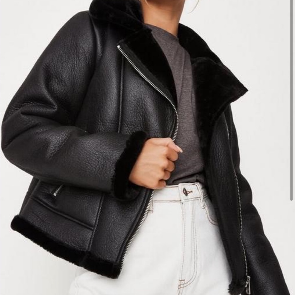 Faux leather fur trim aviator jacket